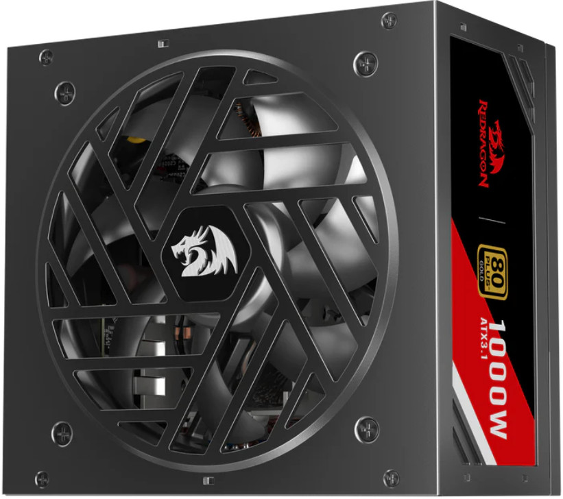 Czarny zasilacz komputerowy. Ma wentylator z logo Redragon i szczegóły takie jak 1000W i 80 Plus Gold.