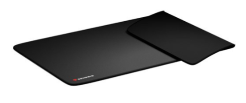 Czarna prostokątna podkładka pod mysz z dołączonym podpórką pod nadgarstek. Podkładka ma czerwone logo Genesis.