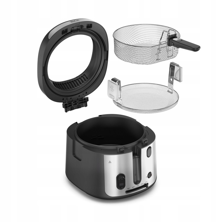 Widok z rozłożeniem frytkownicy z pokrywą, koszem i korpusem. Czarne i srebrne elementy na białym tle.