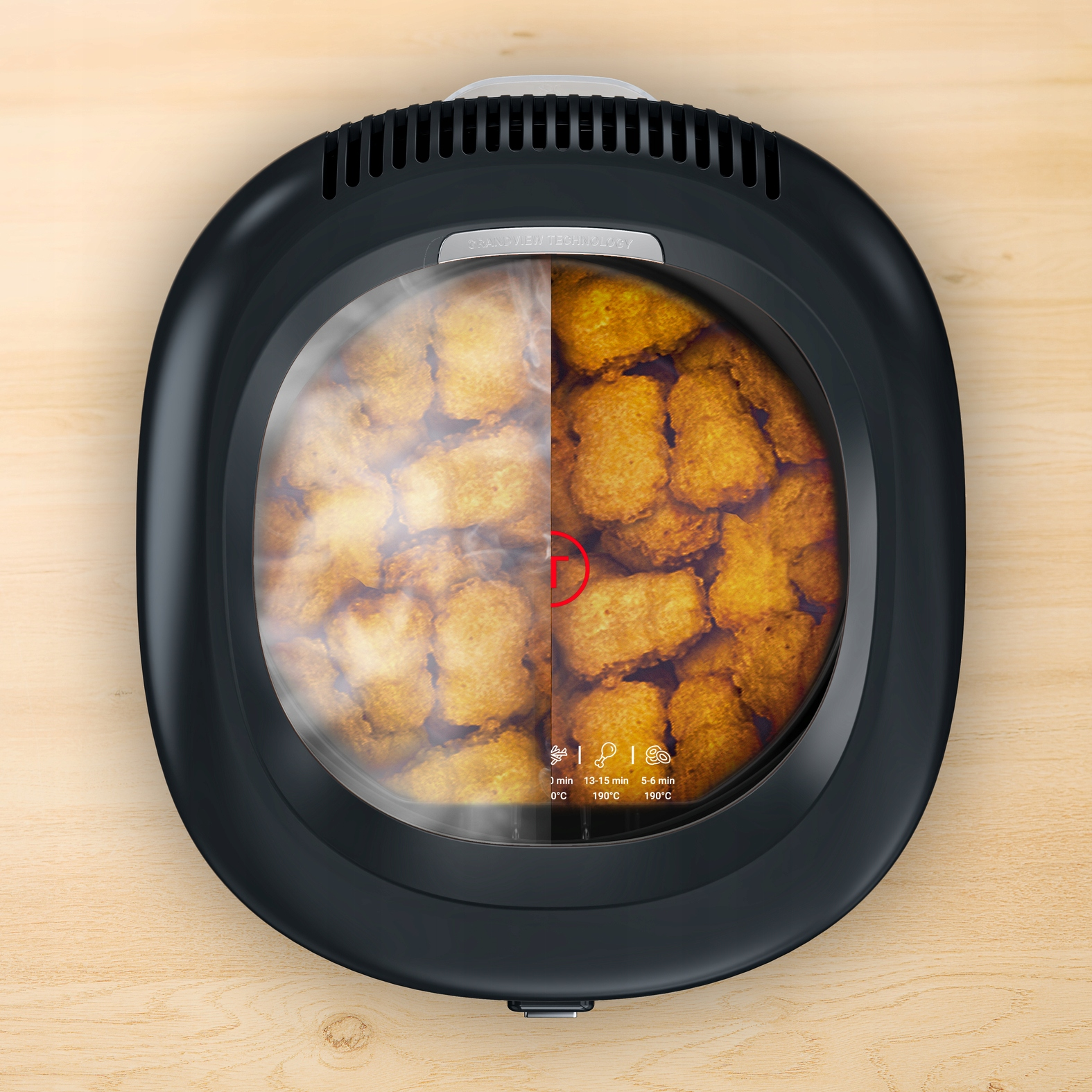 Frytkownica powietrzna z tater tots. Lewa strona jest zamglona, prawa pokazuje złote tater tots.