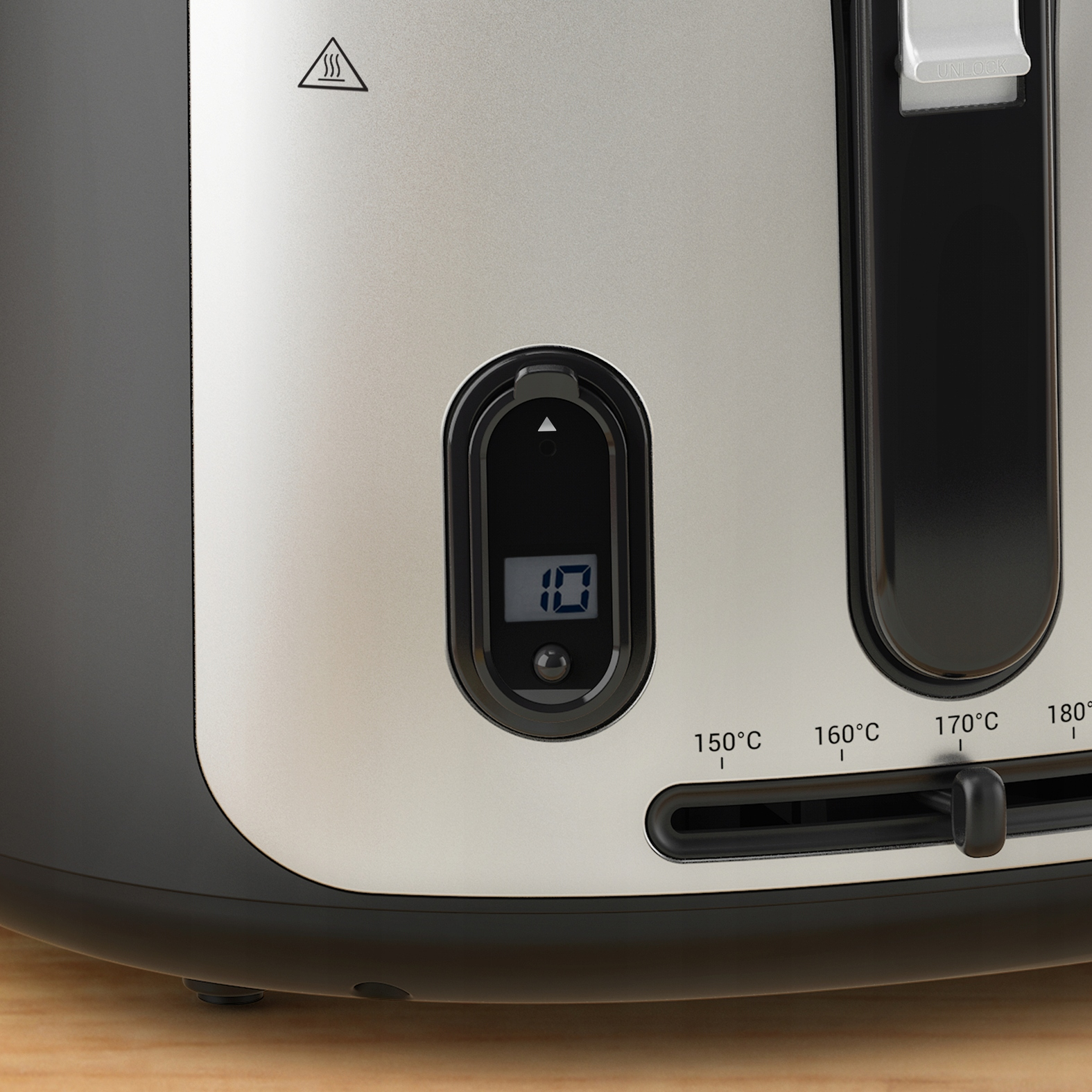 Zbliżenie tostera z cyfrowym wyświetlaczem '10'. Widoczny suwak regulacji temperatury i symbol gorącej powierzchni.