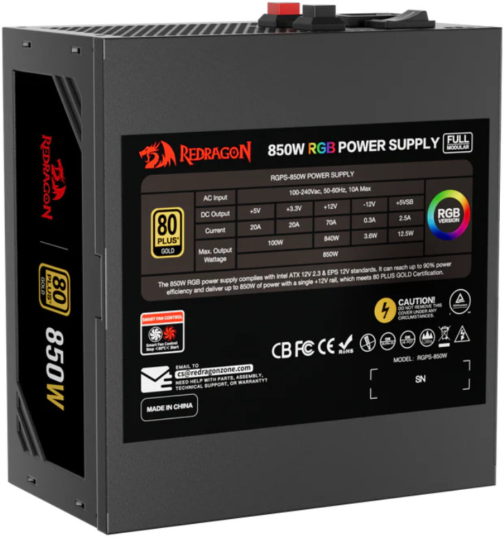 Zasilacz Redragon 850W RGB. Czarna obudowa, z etykietami szczegółowo opisującymi specyfikacje zasilania i certyfikat 80 Plus Gold.