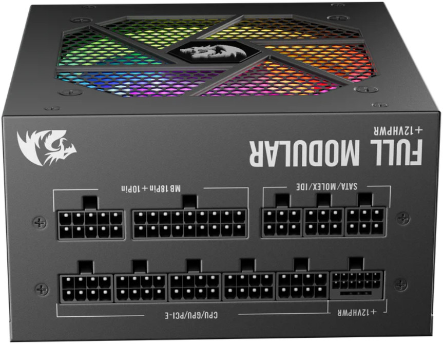 Czarny zasilacz z napisem 'FULL MODULAR'. Posiada kilka portów wejściowych i kolorowy wentylator.