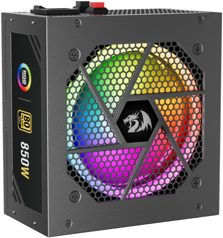 Czarny zasilacz z kolorowym wentylatorem. Przód ma kratkę o strukturze plastra miodu i logo smoka. Ma 850W i oświetlenie RGB.