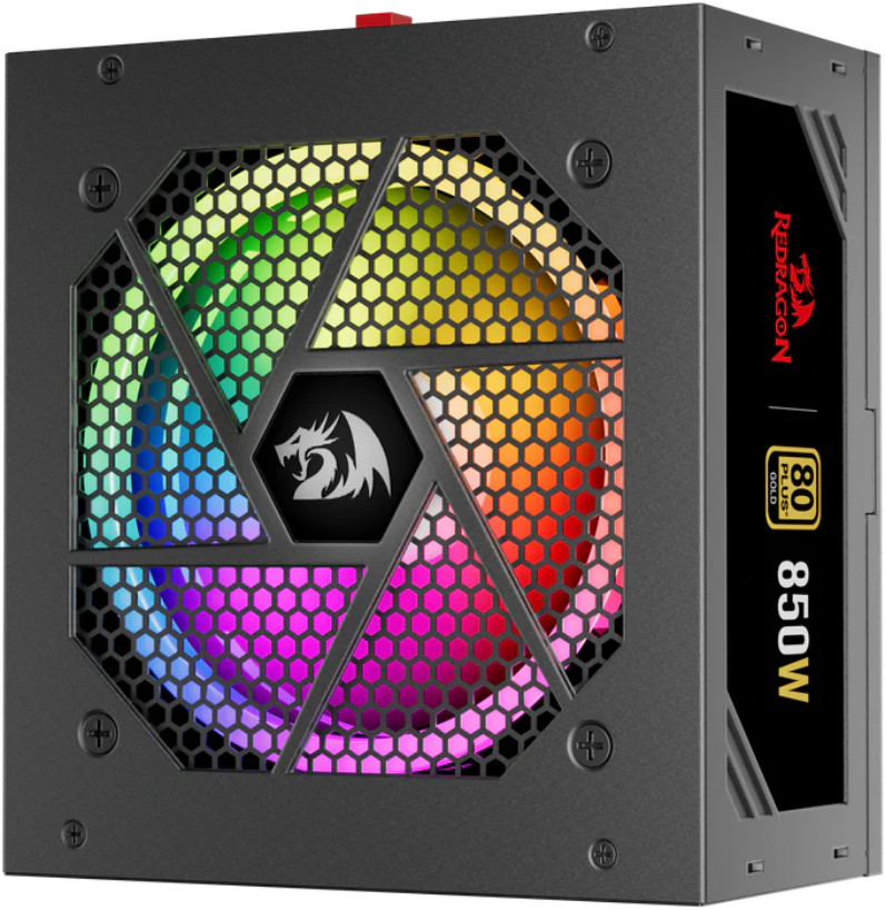 Zasilacz Redragon 850W. Posiada czarną metalową obudowę, kratkę wentylatora o strukturze plastra miodu i kolorowy wentylator tęczowy.