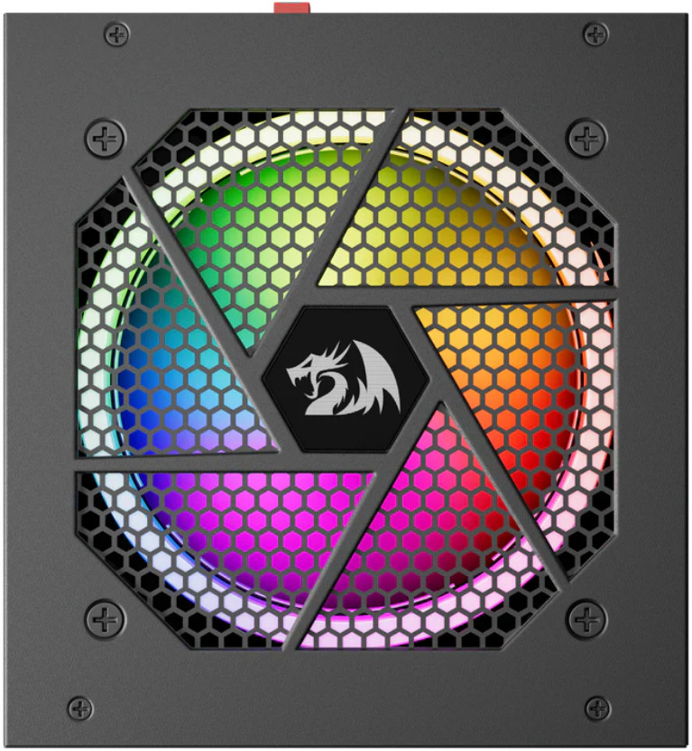 Zasilacz do komputera z wentylatorem wyświetlającym kolory tęczy, pokryty czarną metalową kratką. Logo Redragon w centrum.