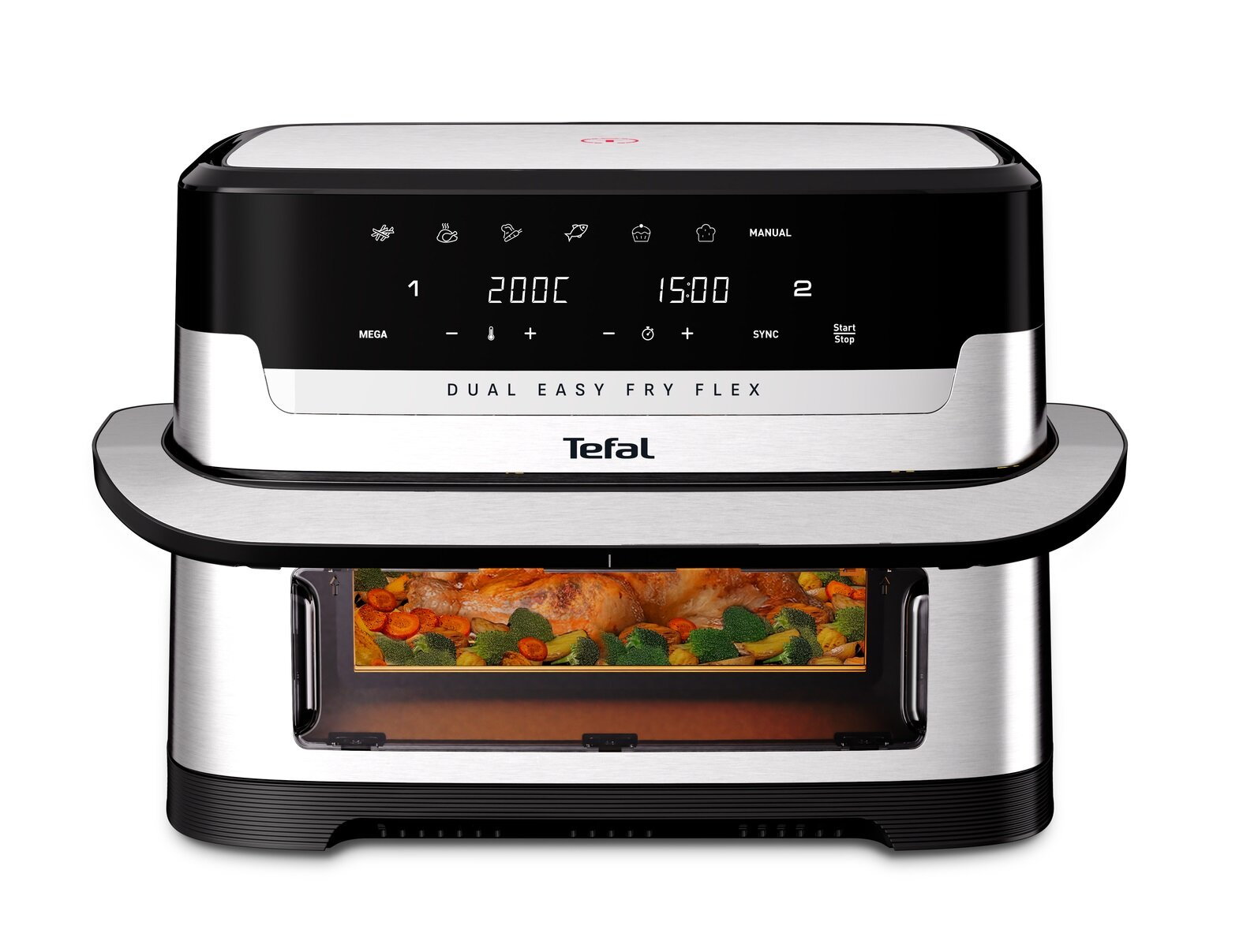 Wyświetlacz frytownicy Tefal Dual Easy Fry Flex. Posiada cyfrowy wyświetlacz i tacę z ugotowanym jedzeniem.