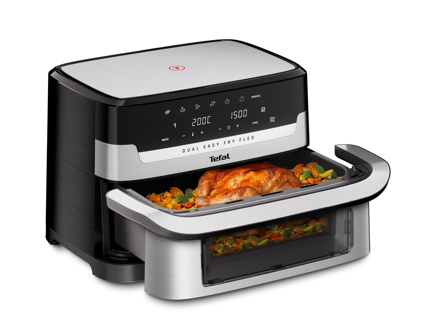 Frytownica Tefal Dual Easy Fry Flex z pieczonym kurczakiem i warzywami. Czarno-srebrny design. Wyświetlacz pokazuje ustawienia.