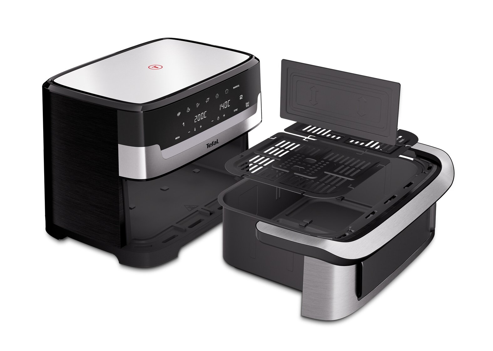 Frytownica beztłuszczowa jest pokazana w stanie rozmontowanym. Części obejmują jednostkę główną, tacę i kosz do gotowania. Frytownica jest czarna i srebrna.