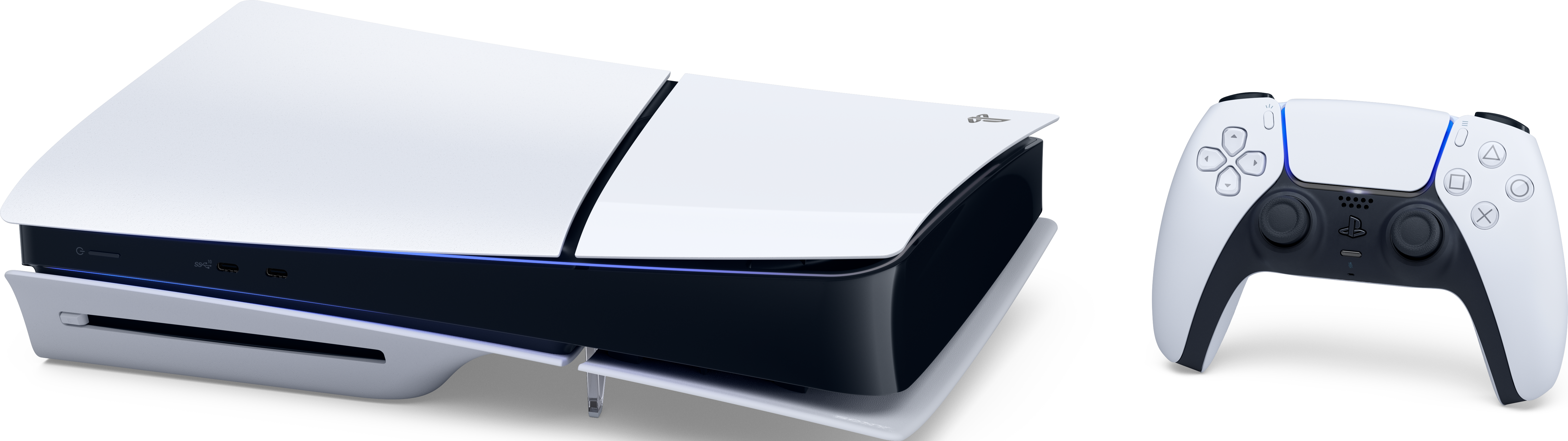 Una console e un controller Playstation 5 bianchi e neri sono mostrati su sfondo nero. La console è angolata.