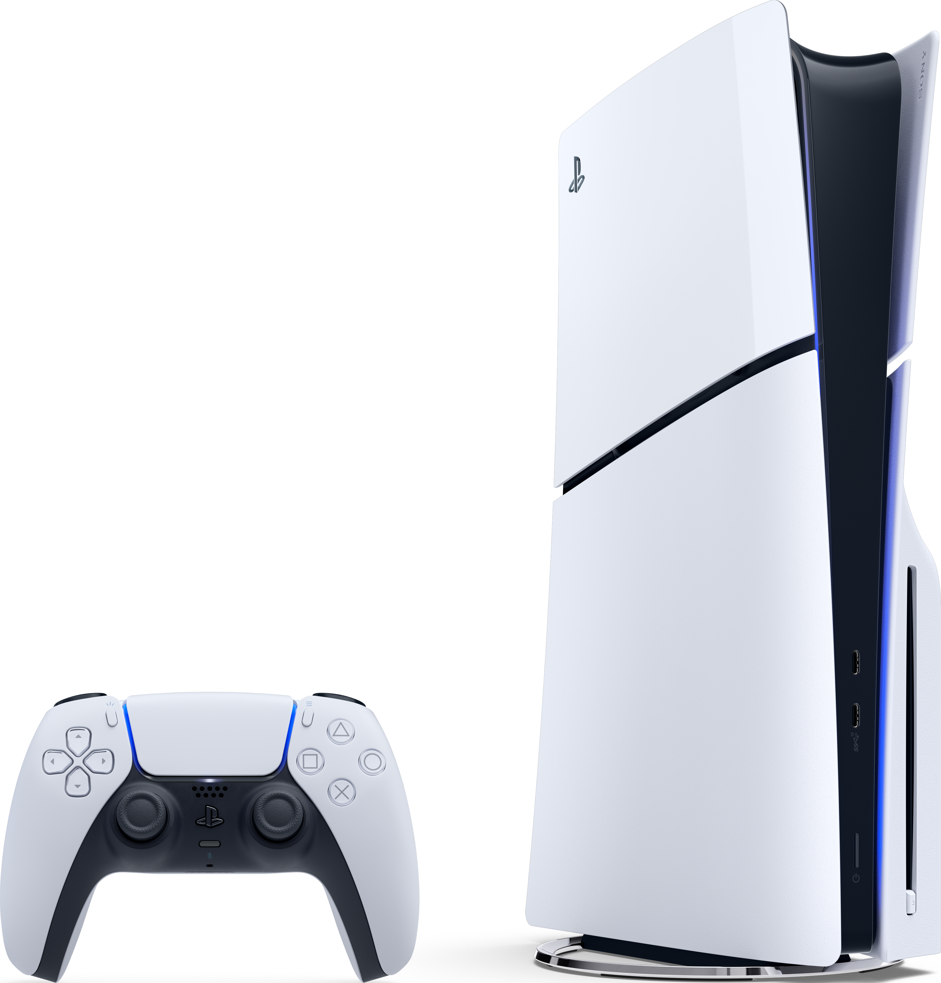 Una console PlayStation 5 e un controller. Console bianca, dettagli neri, controller davanti. Sfondo nero.