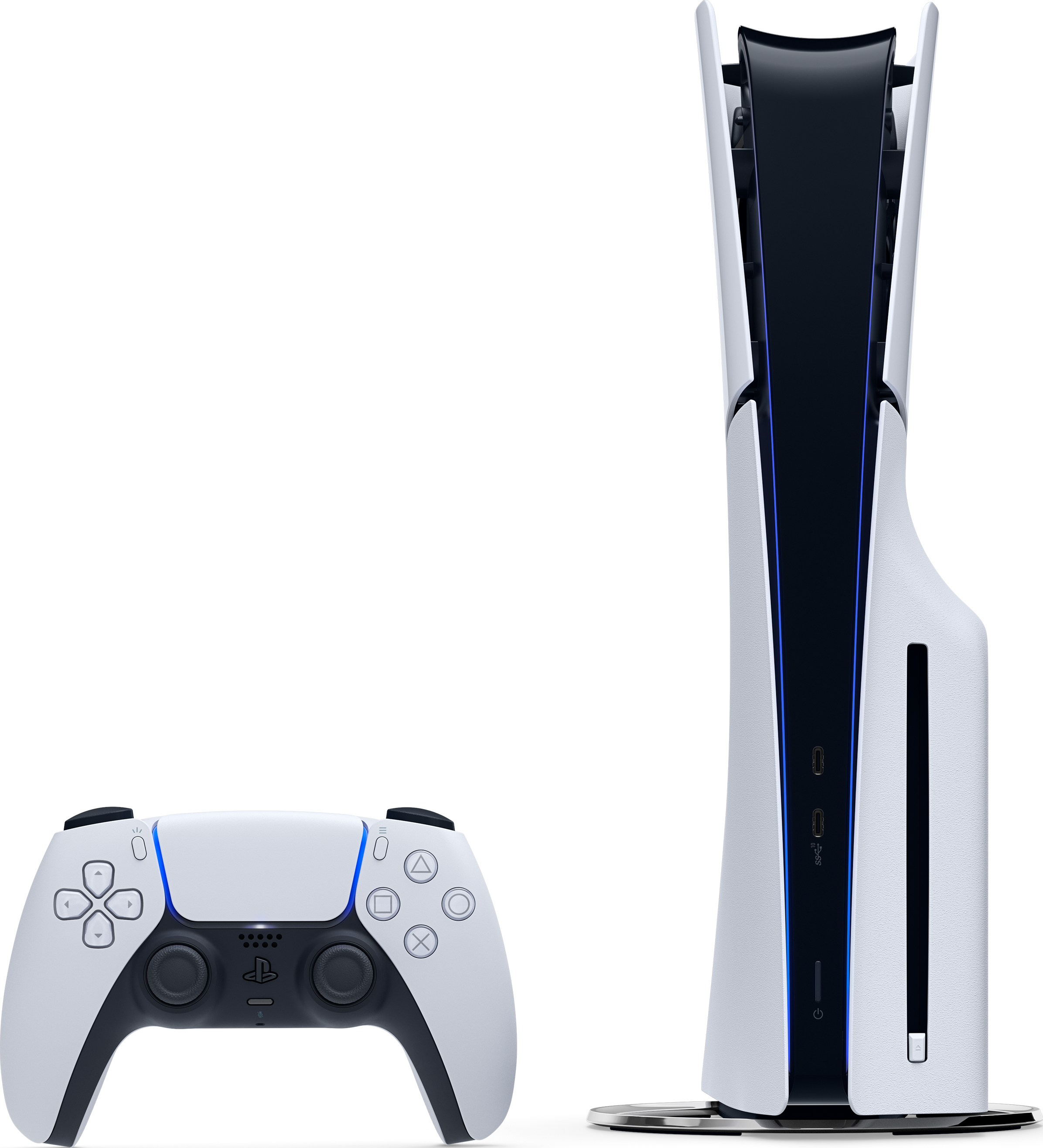 Console e controller Playstation 5 bianchi e neri su sfondo nero.