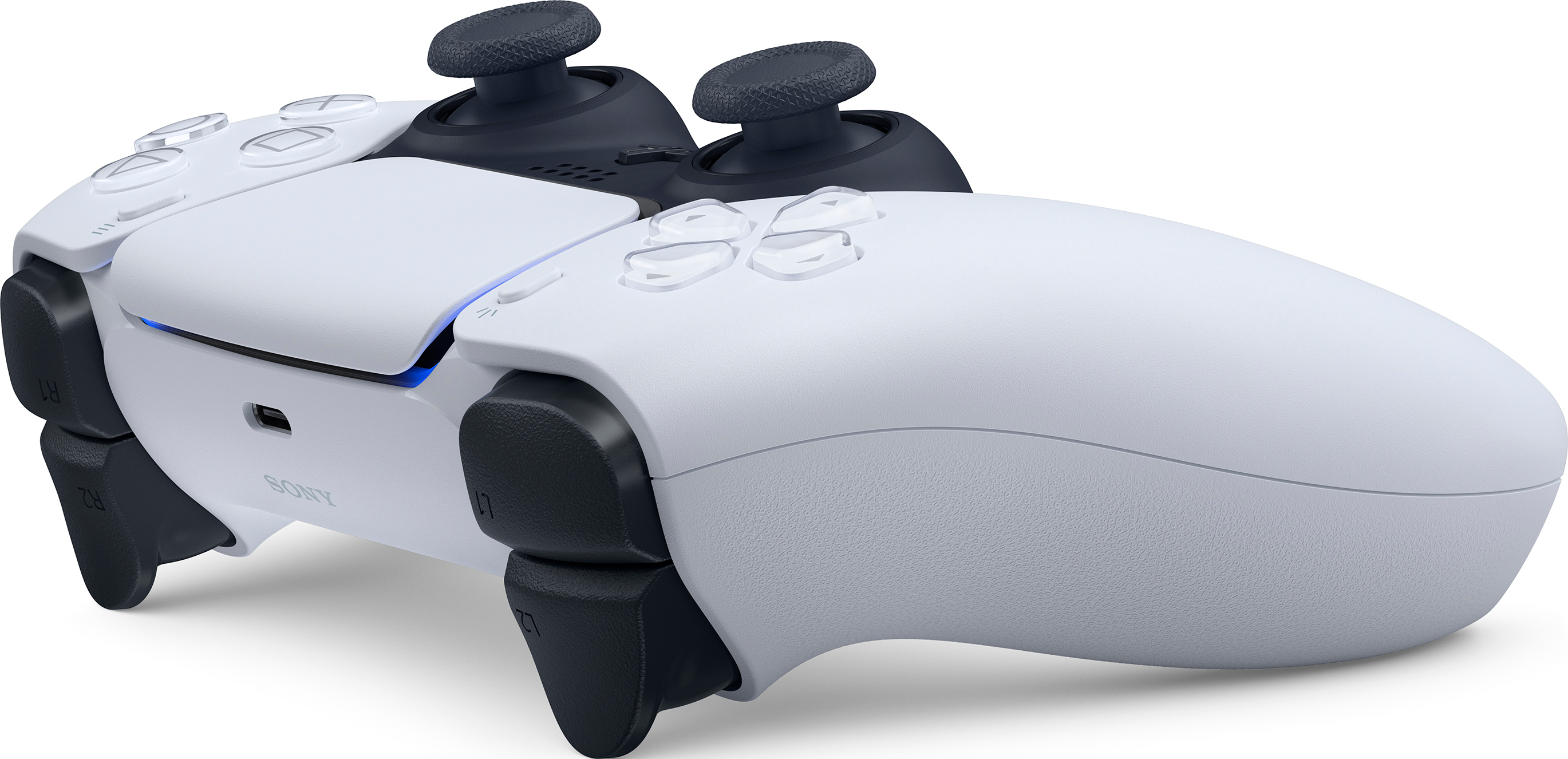Un controller Playstation 5 bianco e nero, con pulsanti e levette analogiche. Il logo Sony è visibile.