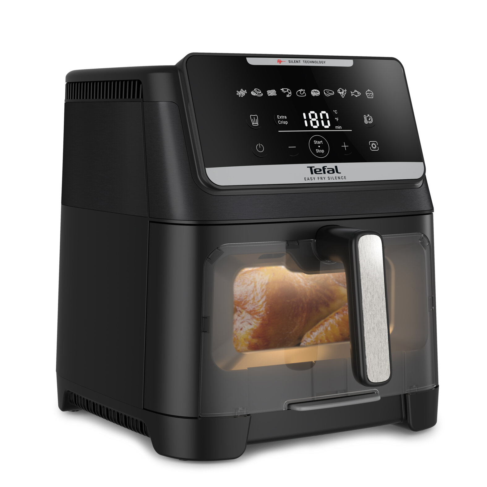 Czarna frytkownica beztłuszczowa Tefal Easy Fry z kurczakiem w środku. Posiada cyfrowy wyświetlacz i uchwyt.