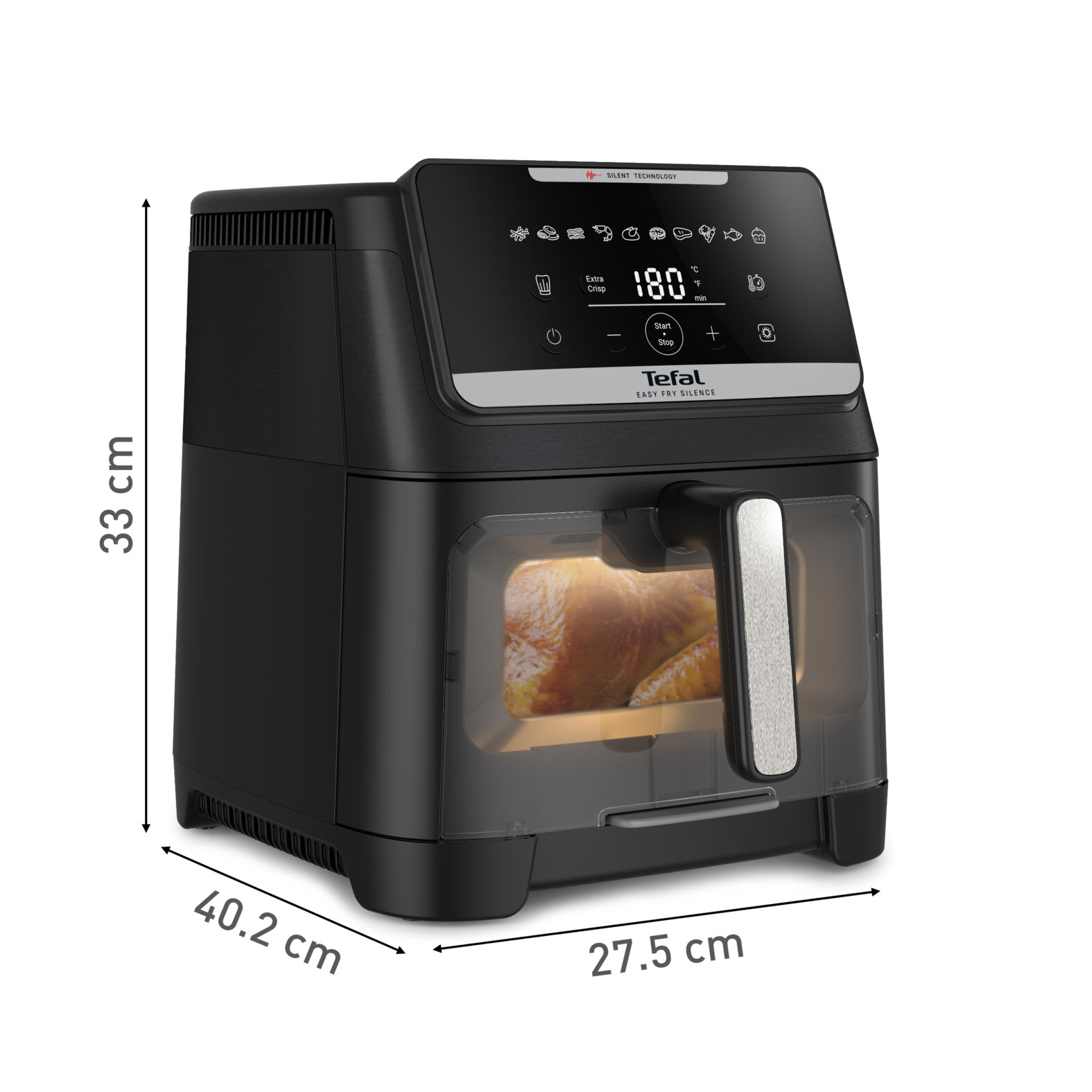 Czarna frytkownica beztłuszczowa Tefal Easy Fry Silence z wymiarami. Widoczne jedzenie w przezroczystych drzwiach. Wyświetlacz cyfrowy.