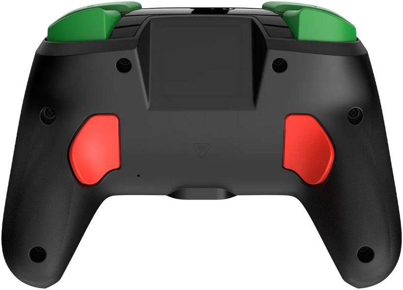 Czarny kontroler do gier z zielonymi górnymi przyciskami i czerwonymi bocznymi przyciskami, czarny prostokąt pośrodku.