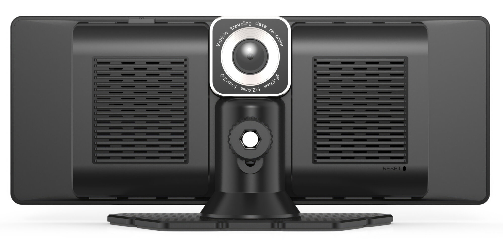 Czarny rejestrator danych pojazdu z obiektywem, mocowaniem i otworami wentylacyjnymi, oznaczony jako 'Vehicle traveling data recorder'.