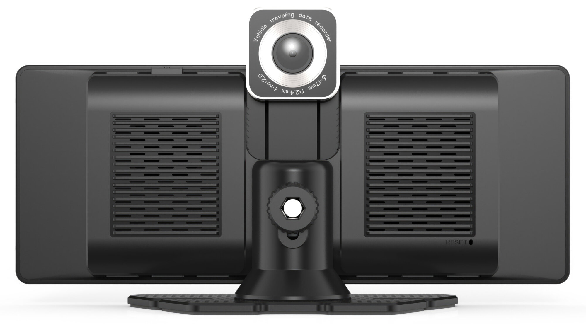Czarny rejestrator danych pojazdu z kamerą i ekranem. Posiada przycisk resetowania i jest zamontowany na stojaku.