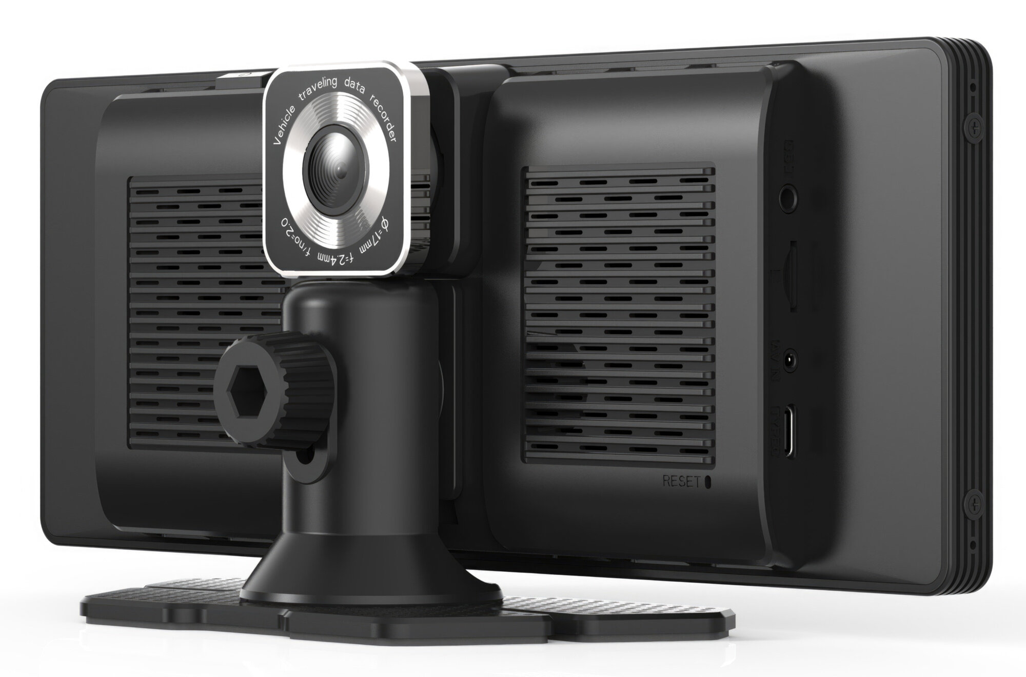 Czarny rejestrator danych pojazdu z kamerą, ekranem i portami. Na kamerze napis: 'Vehicle traveling data recorder'.