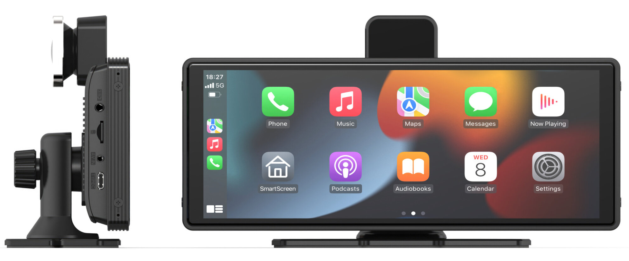 Ekran samochodowy wyświetla ikony aplikacji: Telefon, Muzyka, Mapy, Wiadomości, Teraz odtwarzane, SmartScreen, Podcasty, Audiobooki, Kalendarz i Ustawienia.