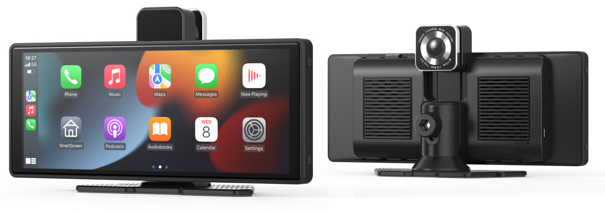 Ekran samochodowy z aplikacjami takimi jak Telefon, Mapy i Muzyka. Ma kamerę na górze i tył z otworami wentylacyjnymi.