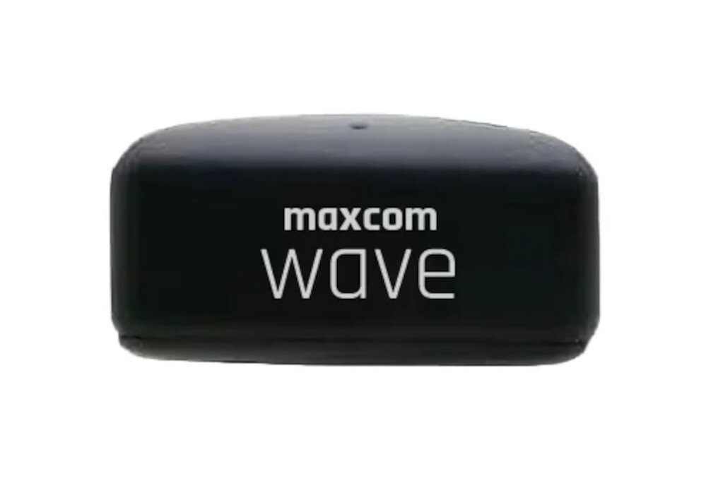 Czarne, zaokrąglone prostokątne urządzenie z białym napisem 'maxcom wave'. Tło jest białe.