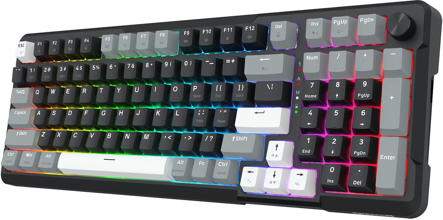Czarna klawiatura mechaniczna z kolorowym podświetleniem LED i pokrętłem głośności z boku.