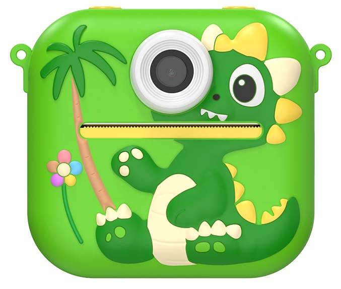 Zielony aparat z motywem dinozaura. Posiada obiektyw, gniazdo na wydruk oraz ilustrację palmy i kwiatu z przodu.