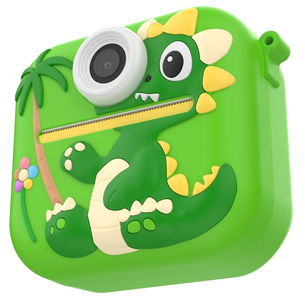 Zielony aparat w kształcie dinozaura. Ma obiektyw, wzór dinozaura i palmę z kwiatem.
