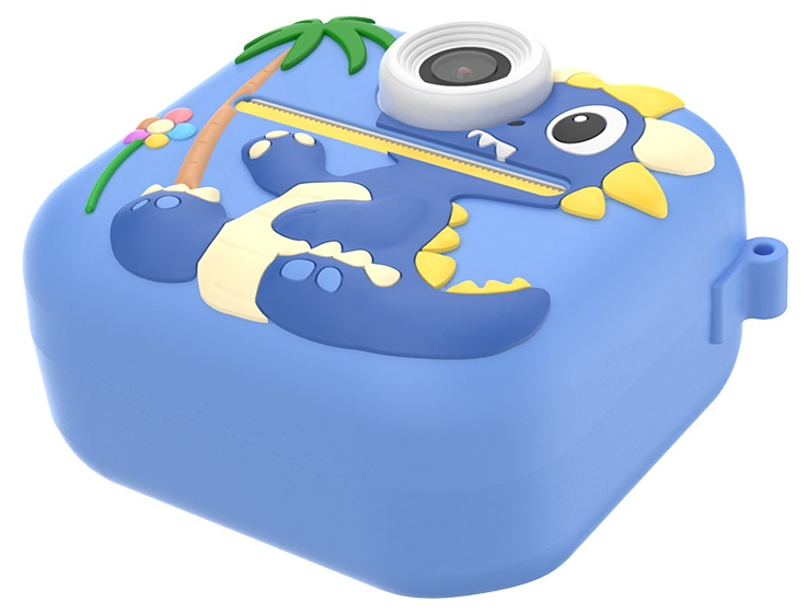 Niebieskie etui na aparat z motywem dinozaura. Ma obiektyw aparatu, palmę i kwiat.