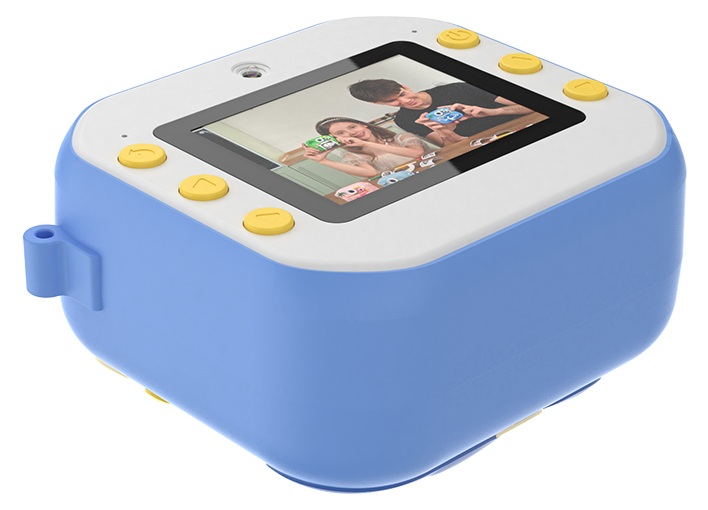 Niebieski aparat z ekranem pokazującym ludzi. Żółte przyciski na górze. Schemat kolorów biały i niebieski. Aparat ma uchwyt.