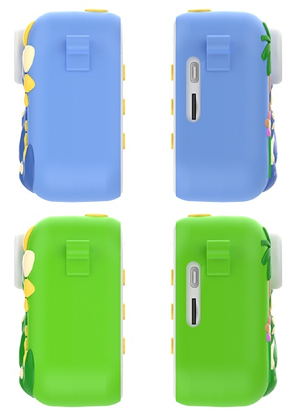 Cztery aparaty dla dzieci. Dwa niebieskie z motywem dinozaura i dwa zielone z motywem dżungli.