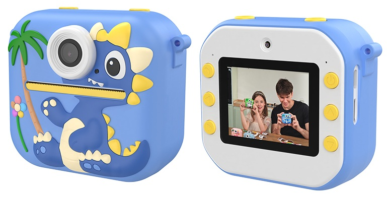 Niebieski aparat w motywie dinozaura. Z jednej strony obiektyw, z drugiej ekran z dwiema osobami z aparatami.