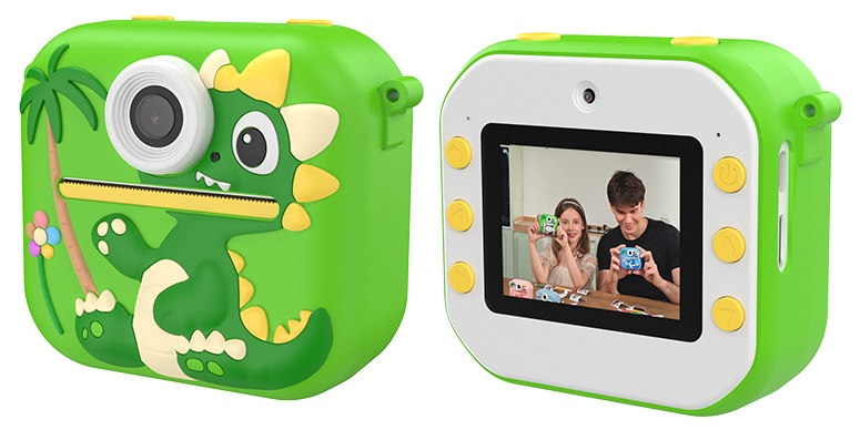 Zielony aparat fotograficzny z motywem dinozaura. Przód ma obiektyw i wzór dinozaura. Tył pokazuje ekran.