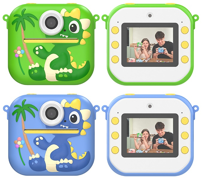 Cztery kolorowe aparaty, dwa zielone i dwa niebieskie, z motywami dinozaurów. Każdy ma ekran pokazujący ludzi trzymających aparaty.