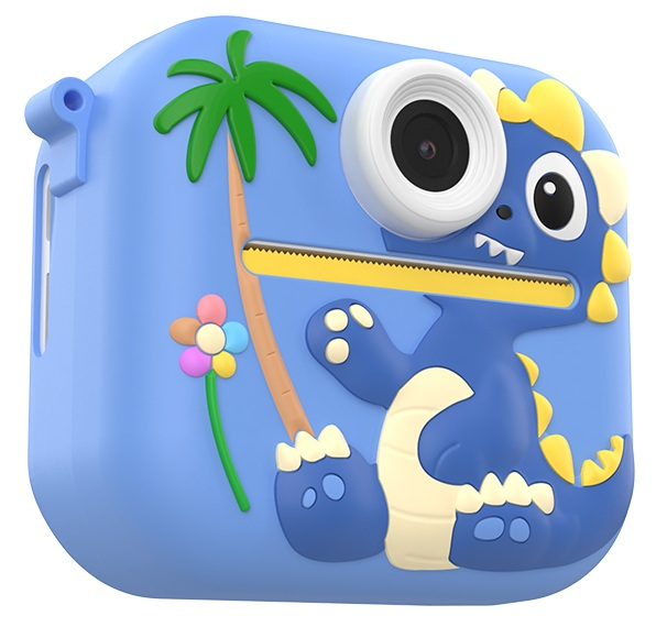 Niebieski aparat zabawkowy z motywem dinozaura, palmą i kwiatkiem. Aparat ma obiektyw i szczelinę do drukowania.