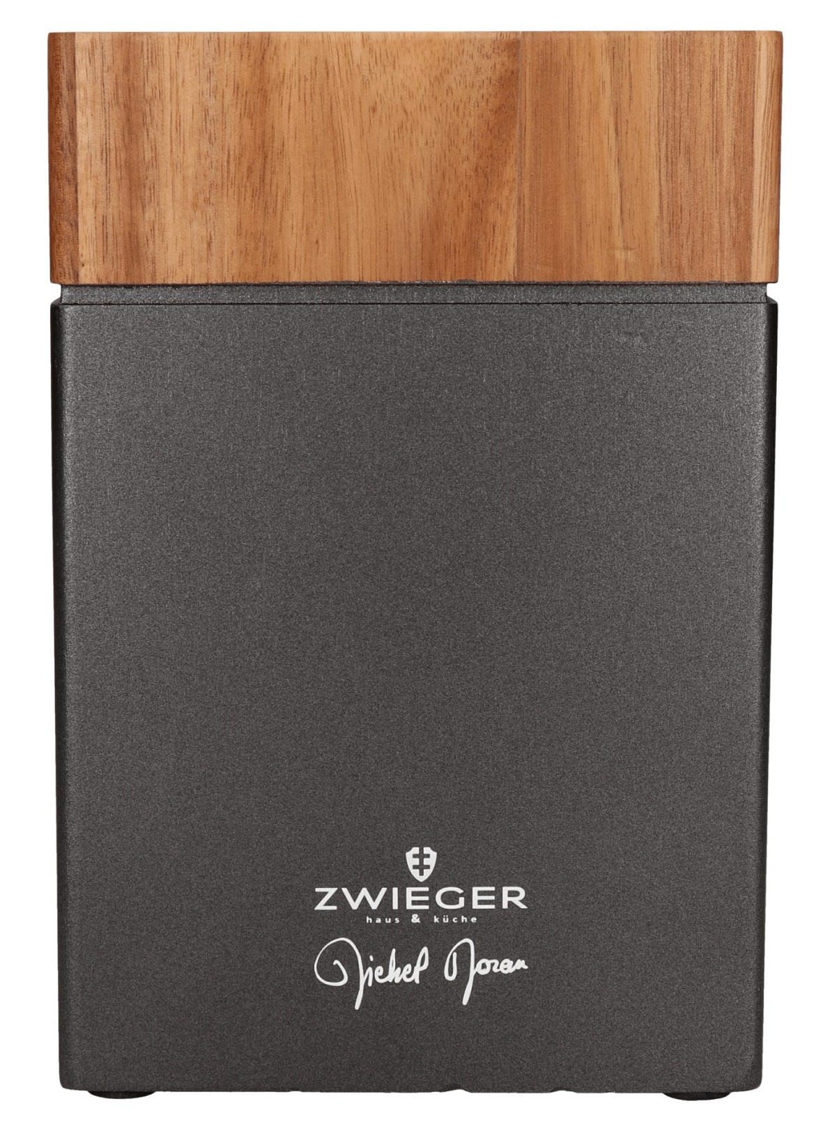 Ciemnoszara prostokątna skrzynka do przechowywania w kuchni z drewnianą pokrywą. Widoczna nazwa marki i podpis szefa kuchni.