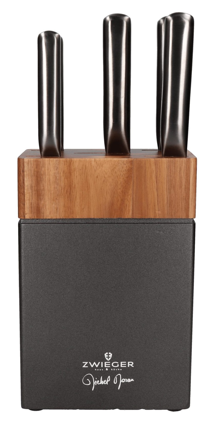 Blok na noże z pięcioma nożami. Blok jest szary i drewniany, marka: ZWIEGER. Noże mają srebrne uchwyty.