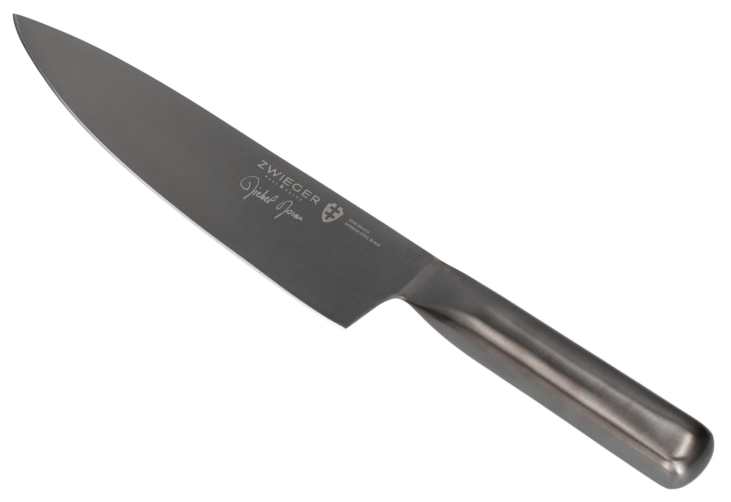Nóż szefa kuchni ze stali nierdzewnej. Ostrze jest ciemnoszare z napisem 'ZWEIGER' i 'Michel Jonas'.