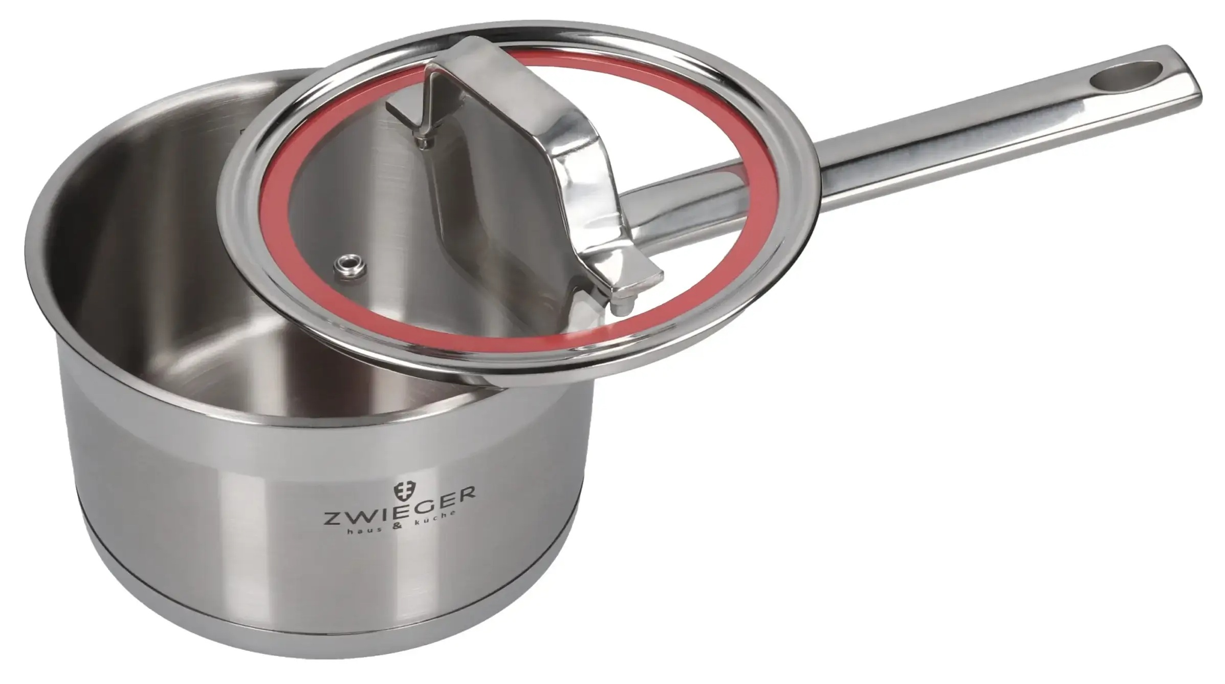 Garnek ze stali nierdzewnej z pokrywką. Pokrywka ma czerwoną obwódkę. Uchwyt jest przymocowany. Garnek jest na białym tle.