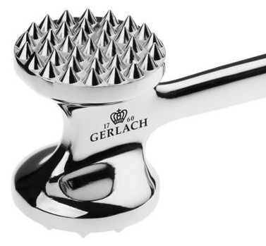 Błyszczący srebrny zmiękczacz do mięsa z kolczastą głowicą i uchwytem, z napisem 'GERLACH 1760'.