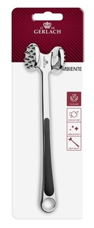 Młotek do mięsa na białej karcie. Młotek jest srebrny i czarny, z marką Gerlach.