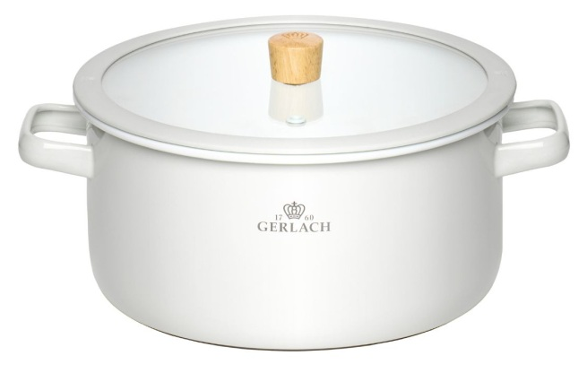 Biały garnek z szklaną pokrywką i drewnianym uchwytem. Garnek ma dwa uchwyty i logo z napisem GERLACH.