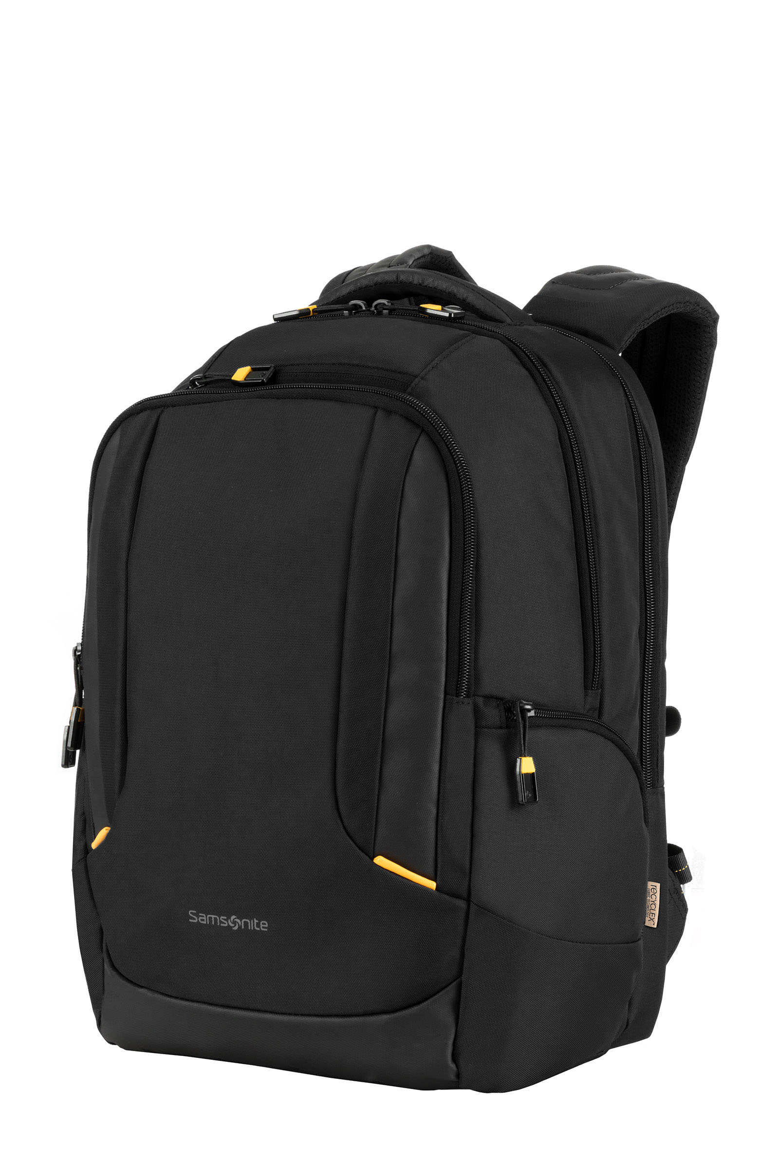 Sarı detaylara sahip siyah Samsonite sırt çantası. Çoklu bölmeler ve fermuarlar içerir. Yan tarafta Recyclex etiketi.