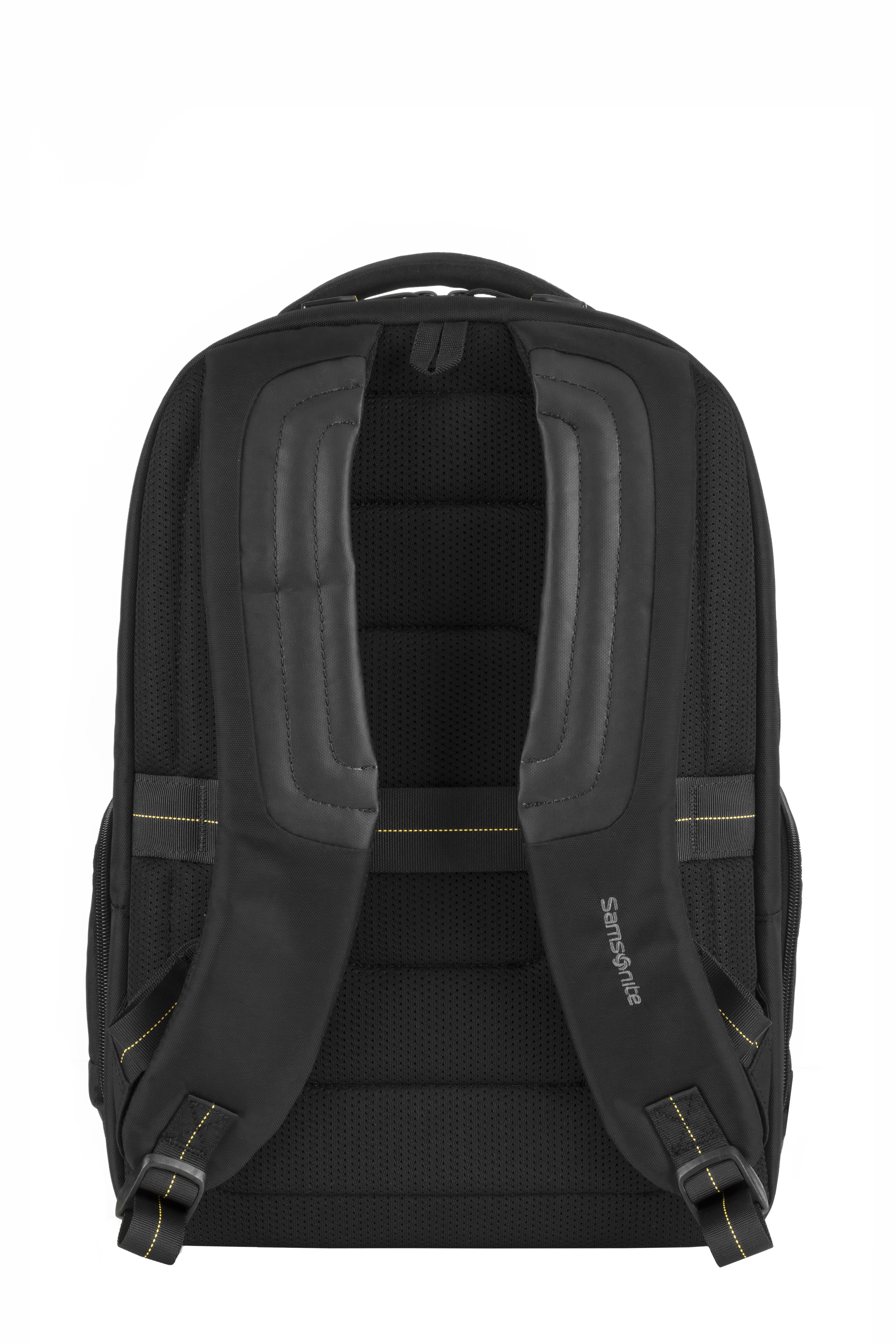 Siyah Samsonite sırt çantası, yastıklı askılara sahip. File sırt ve sarı dikiş detayları.