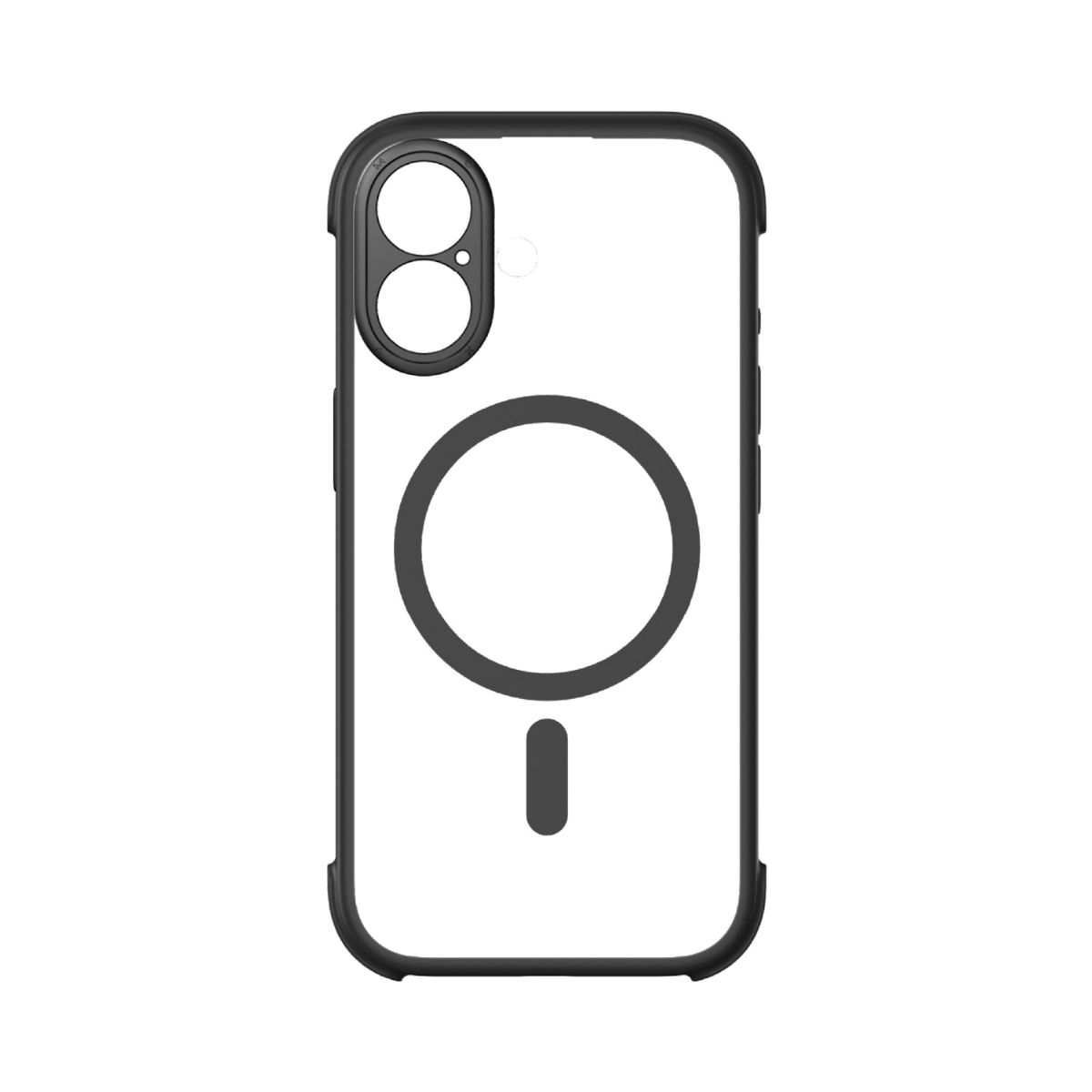 Siyah çerçeveli şeffaf telefon kılıfı. Kamera kesiklerine, büyük bir daireye ve altta küçük bir dikdörtgene sahip, hepsi siyah.