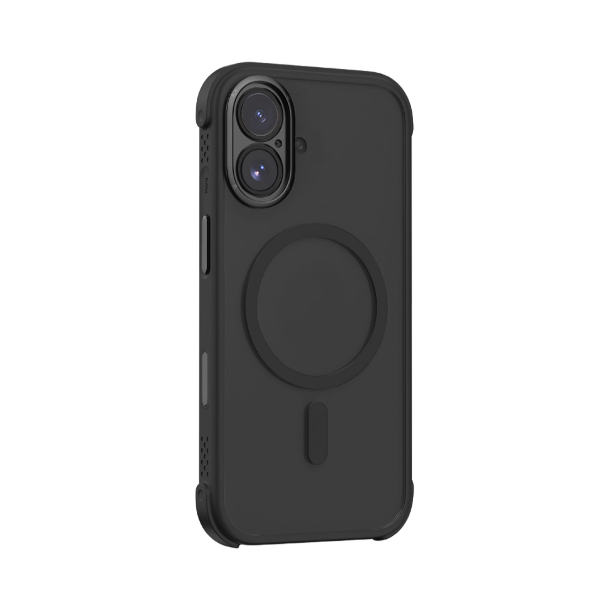 Siyah telefon kılıfı, kamera oyukları ve dairesel bir mıknatıs ile. Dikey bir şeridi ve düğmeler için küçük bir yuvası vardır.