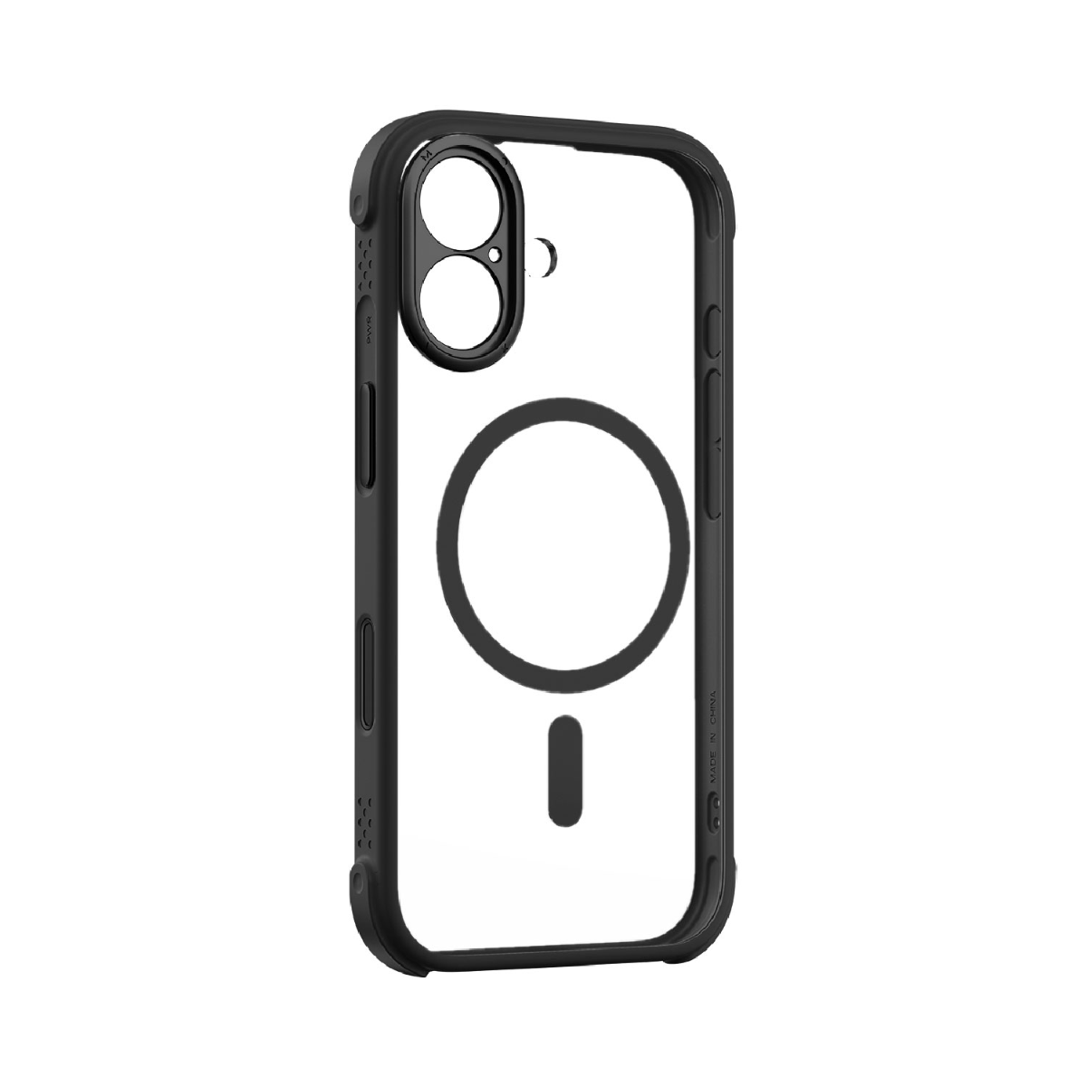 Siyah kenarlı, siyah daire ve çizgiye sahip şeffaf bir telefon kılıfı, iki kamera lensi olan bir telefon için tasarlandı.