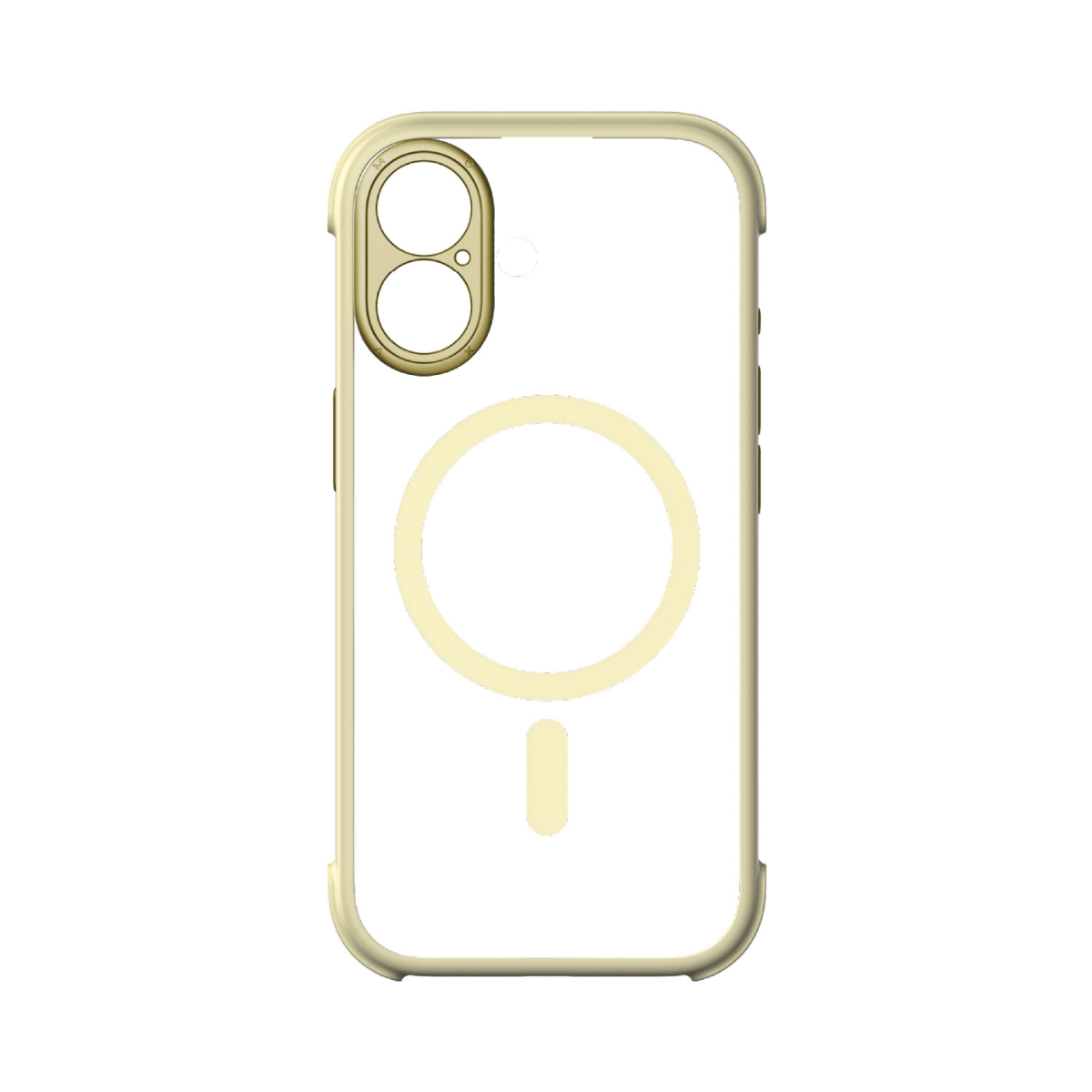 Sarı kenarlı şeffaf bir iPhone kılıfı. Kamera kesimi, dairesel bir tasarım ve altta küçük bir çubuğu vardır.