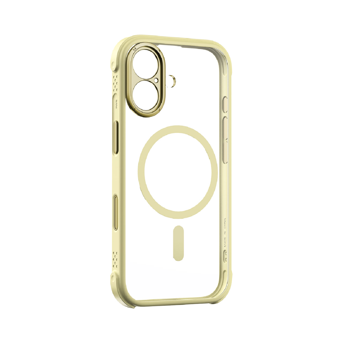 Sarı çerçeveli şeffaf bir iPhone kılıfı. Kablosuz şarj için tasarlanmış bir daire ve bir çizgiye sahiptir. Kamera alanı da sarıdır.